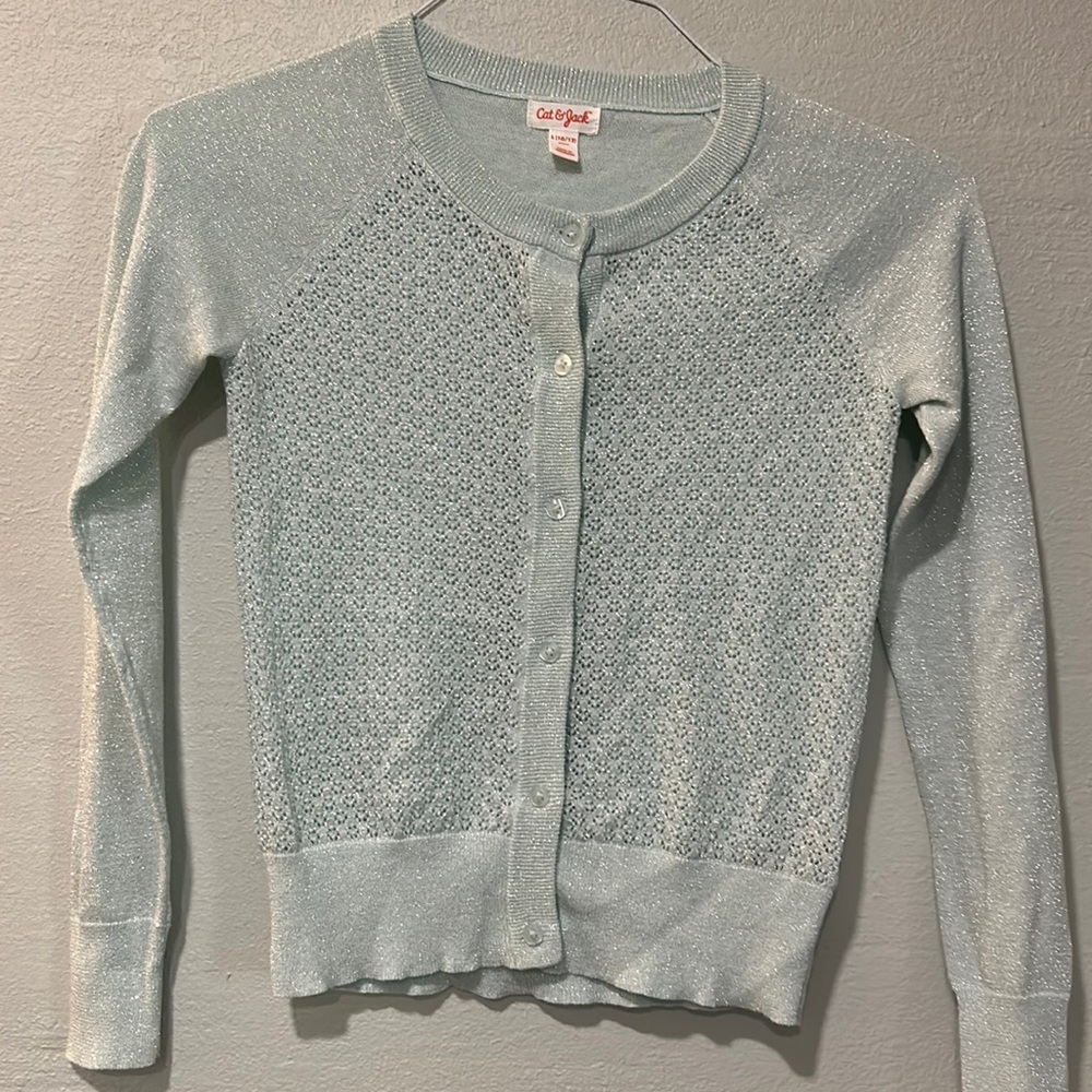 Cat & Jack girls, L 10/12 sparkly bluish/teal cardigan. Exc like new condition.